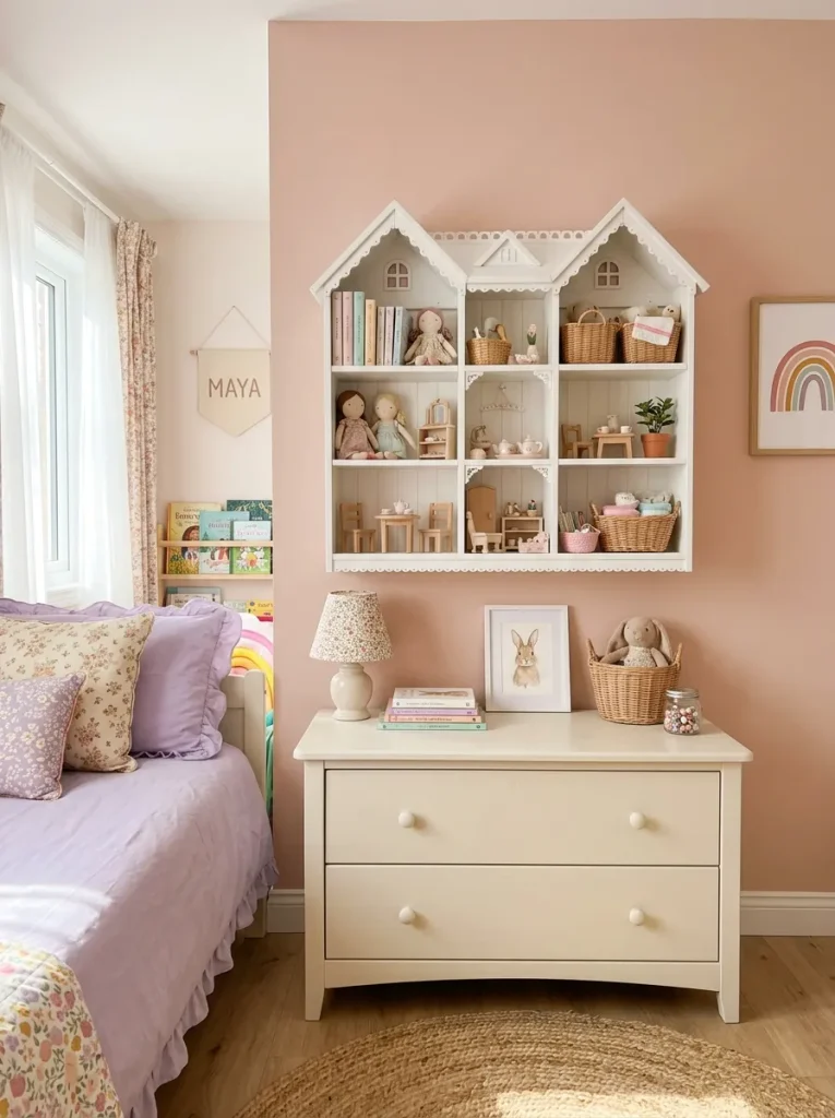 29 Little Girls Bedroom Ideas for Magical Makeovers 12 Wooden Dollhouse Shelf