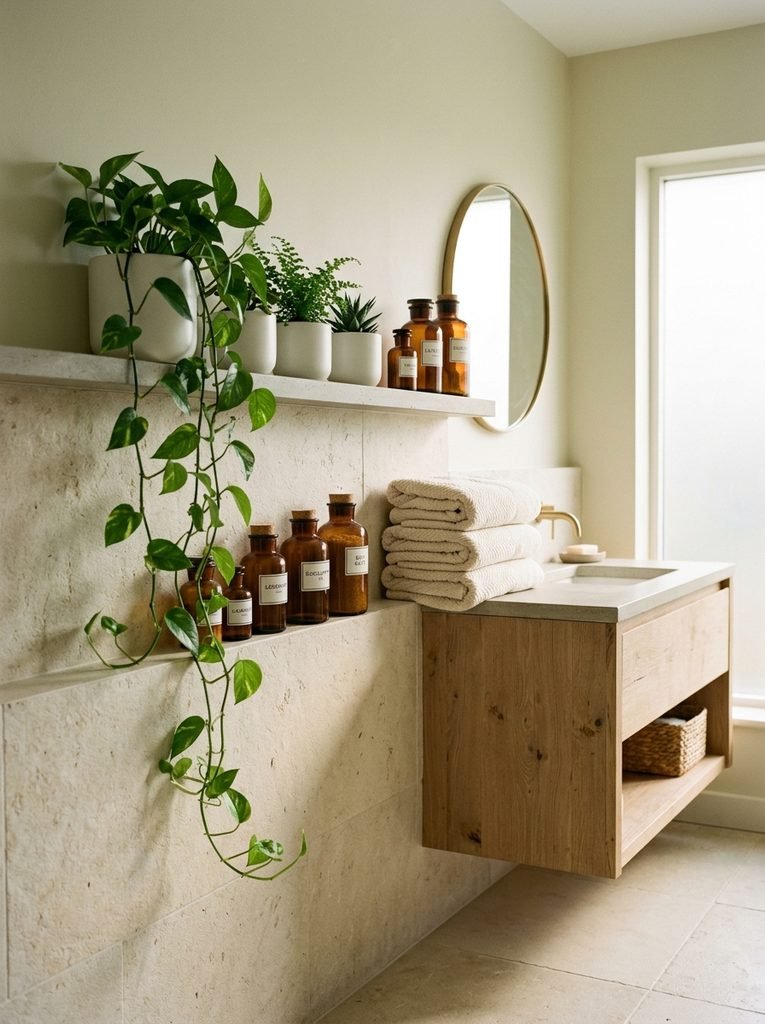 22 Bathroom Wall Decor Ideas for a Stunning Retreat 12 Ledge With Greenery