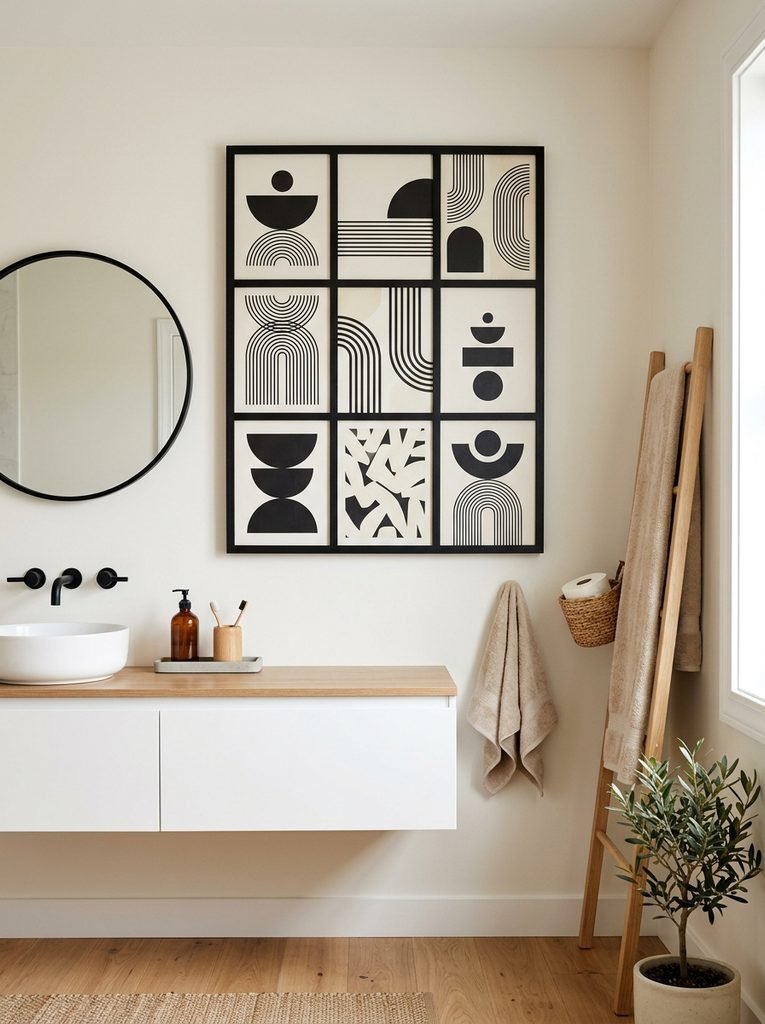 22 Bathroom Wall Decor Ideas for a Stunning Retreat 15 Black Grid Artwork