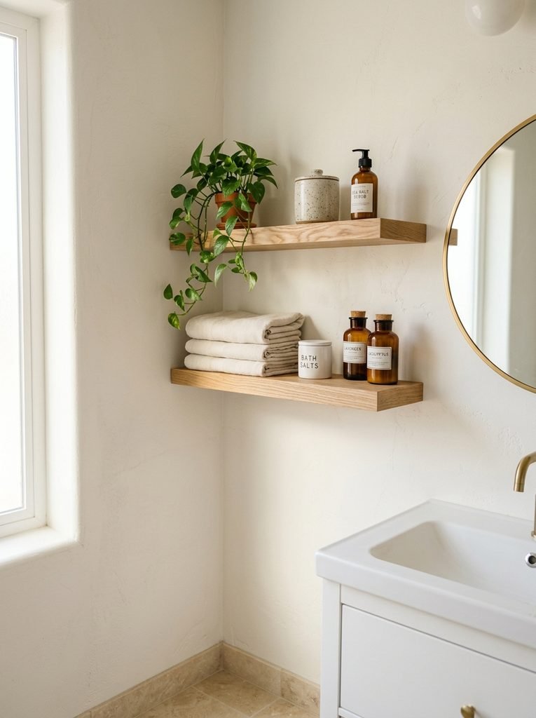 22 Bathroom Wall Decor Ideas for a Stunning Retreat 6 Floating Wood Shelves