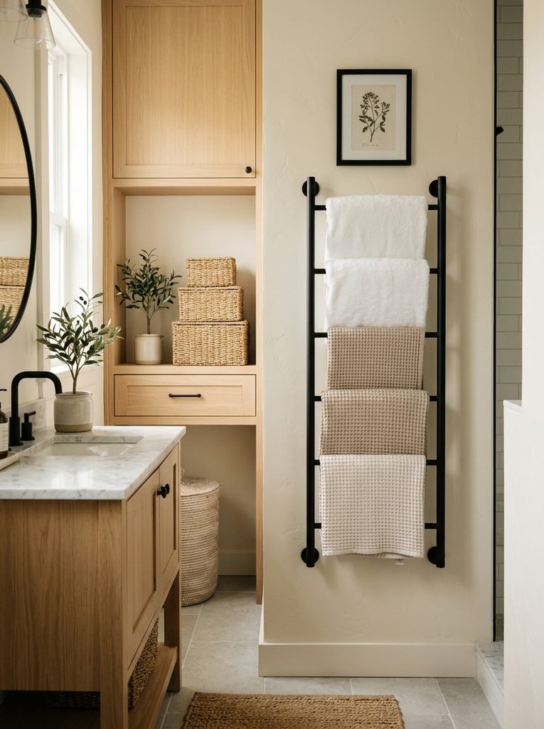 22 Bathroom Wall Decor Ideas for a Stunning Retreat 9 Vertical Towel Display