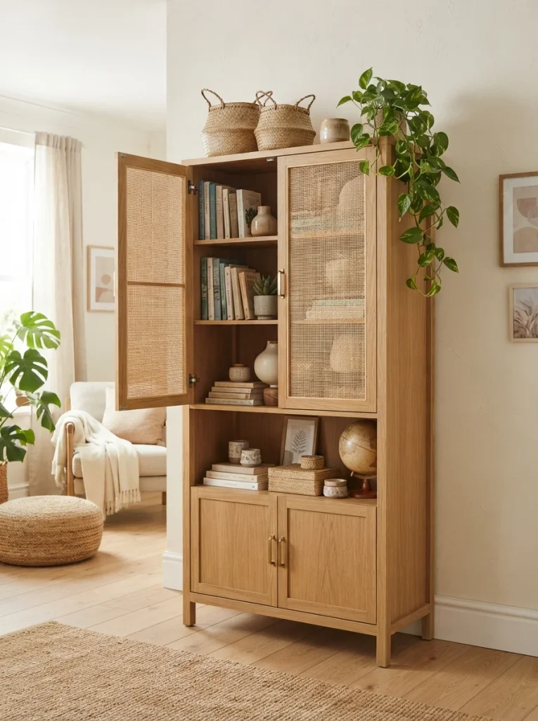 26 Bookshelf Ideas That Make Any Room Feel Polished 17 Rattan Door Cabinet