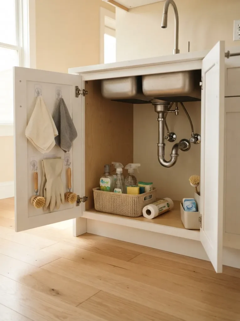 27 Under Kitchen Sink Organization Ideas to Save Space 14 Removable Cabinet Hooks