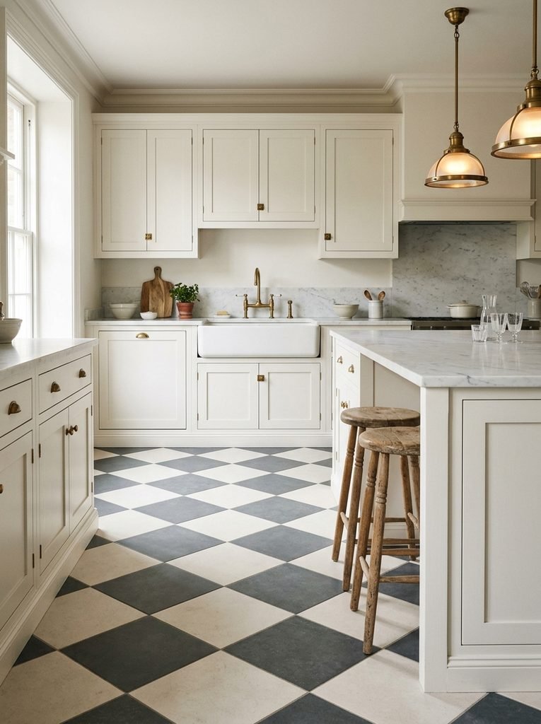 27 Flooring Ideas for White Kitchen Cabinets 10 Checkerboard Pattern