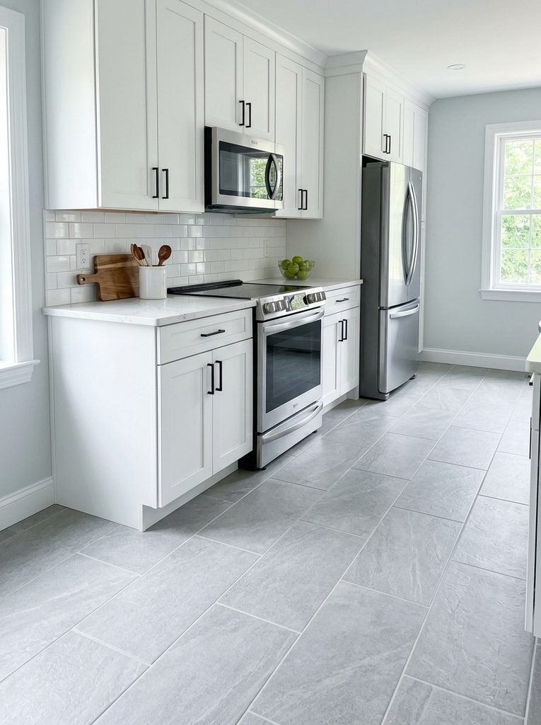 27 Flooring Ideas for White Kitchen Cabinets 3 Soft Gray Tile