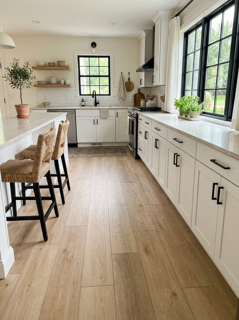 27 Flooring Ideas for White Kitchen Cabinets 6 Wide-Plank Vinyl