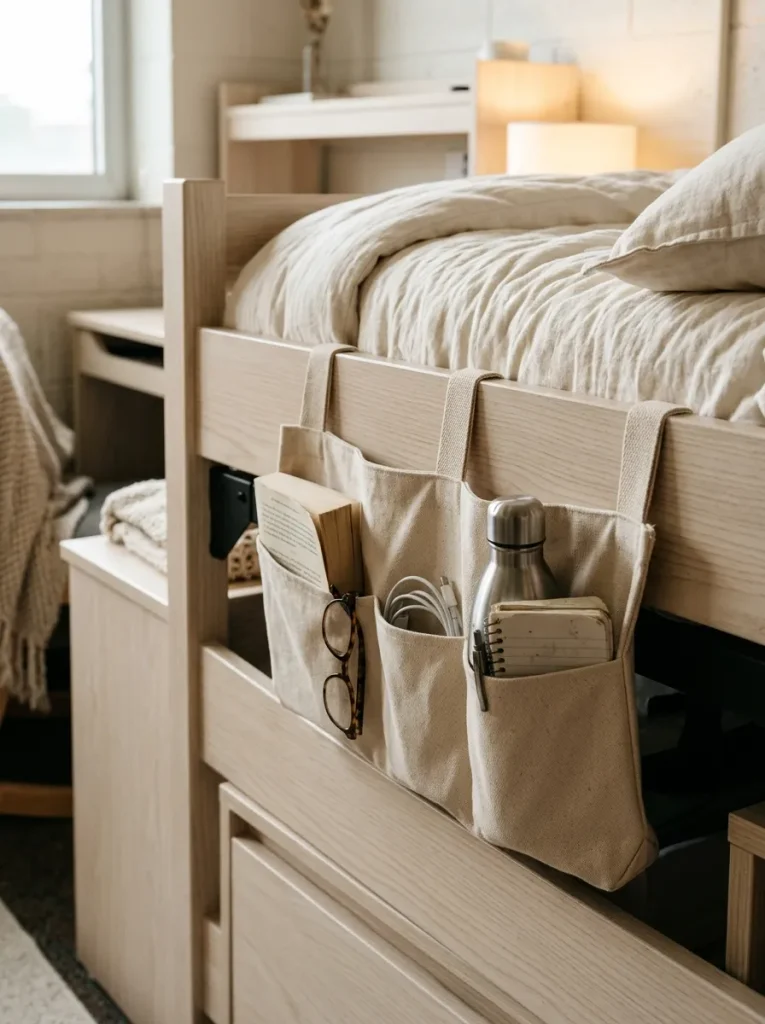 26 Dorm Room Decor Ideas for a Fresh, Personal Look 13 Bedside Caddy
