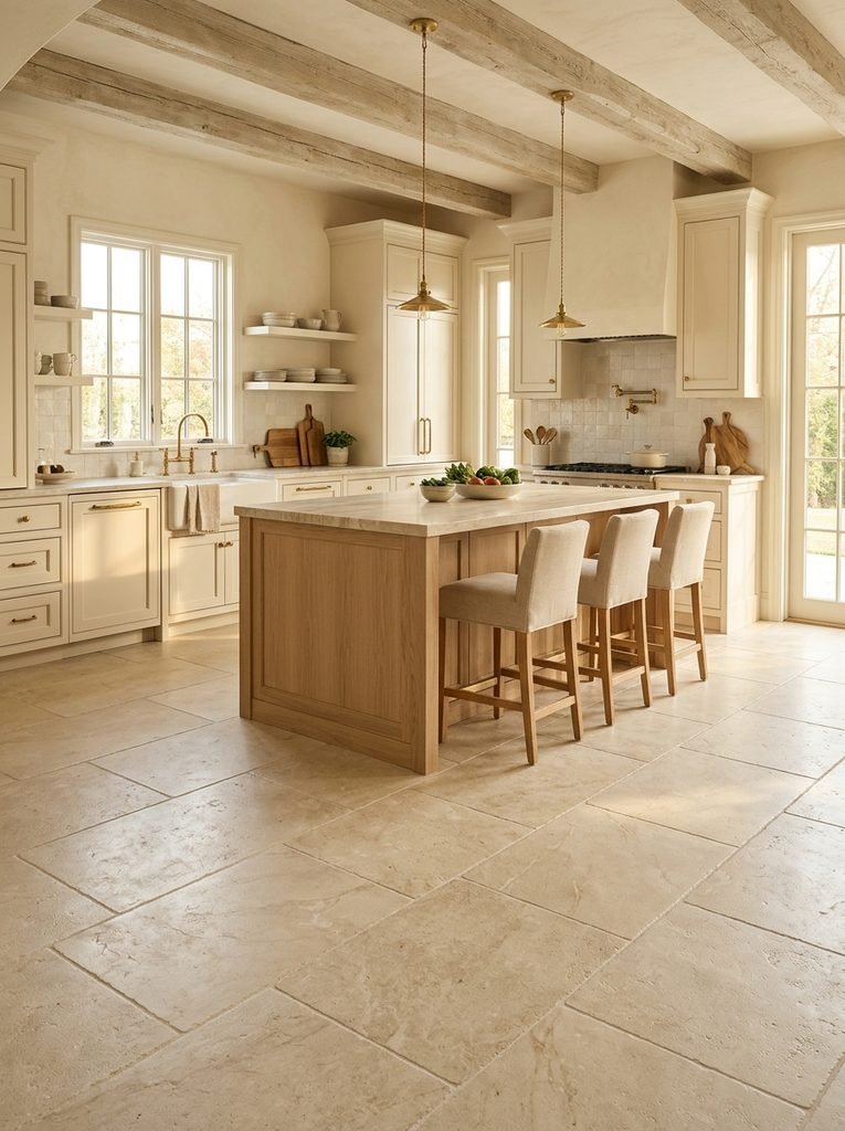 27 Flooring Ideas for White Kitchen Cabinets 7 Cream Stone Tile