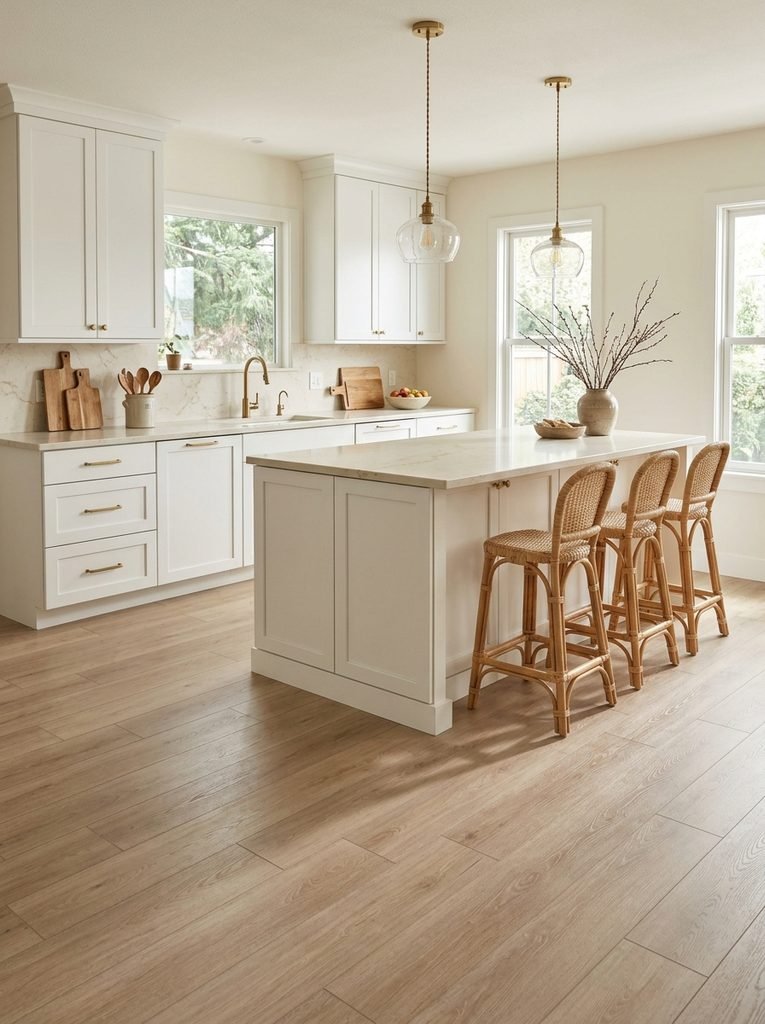 27 Flooring Ideas for White Kitchen Cabinets 12 Warm Beige Planks