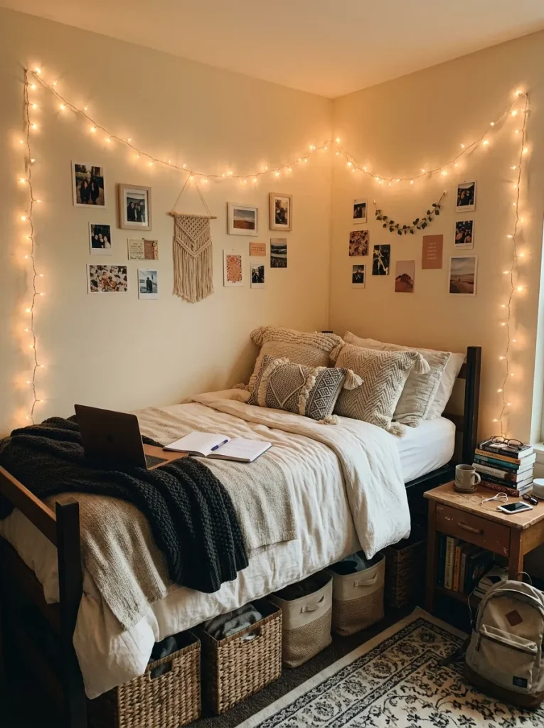 26 Dorm Room Decor Ideas for a Fresh, Personal Look 4 Warm String Lighting