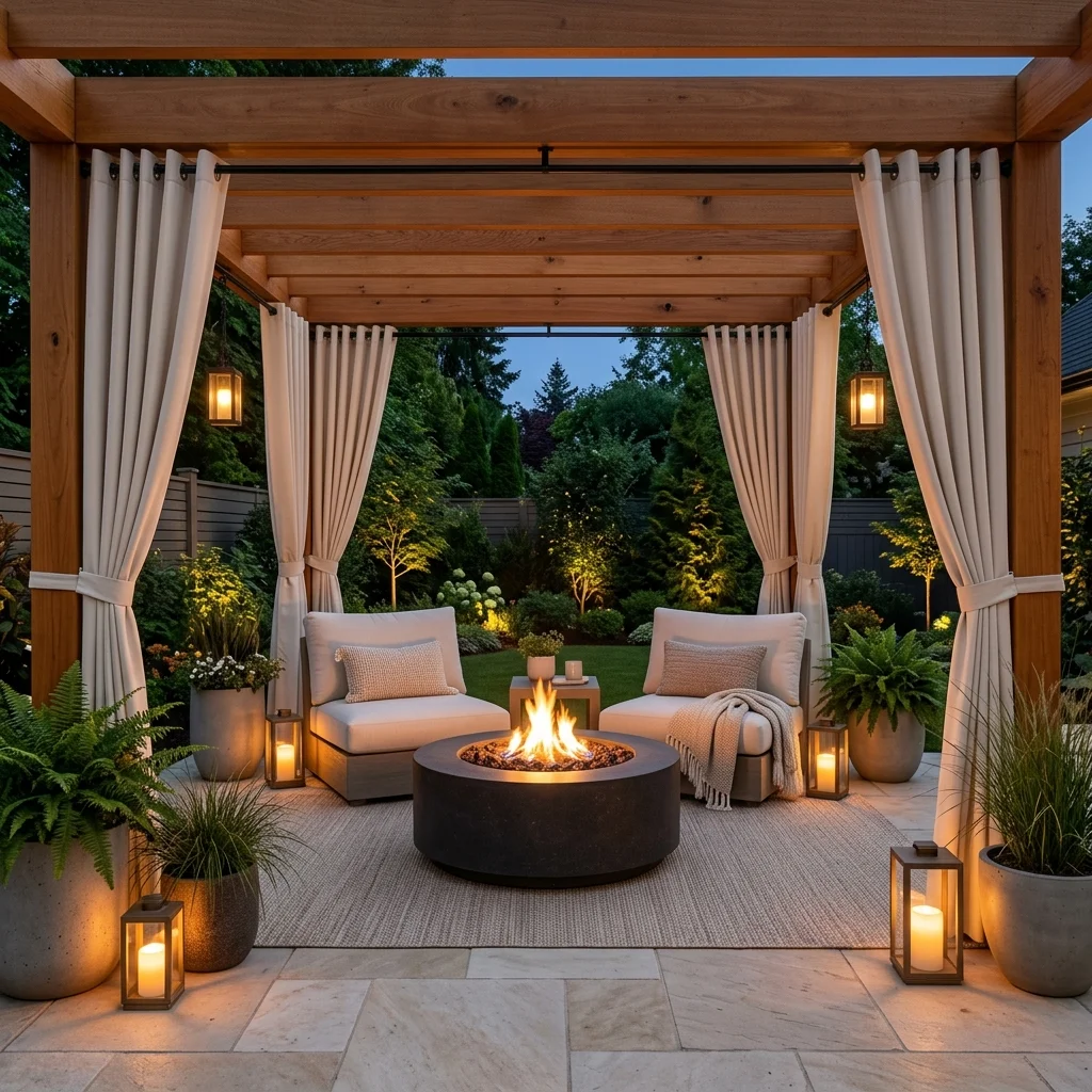 Fire Pit With Pergola Curtains