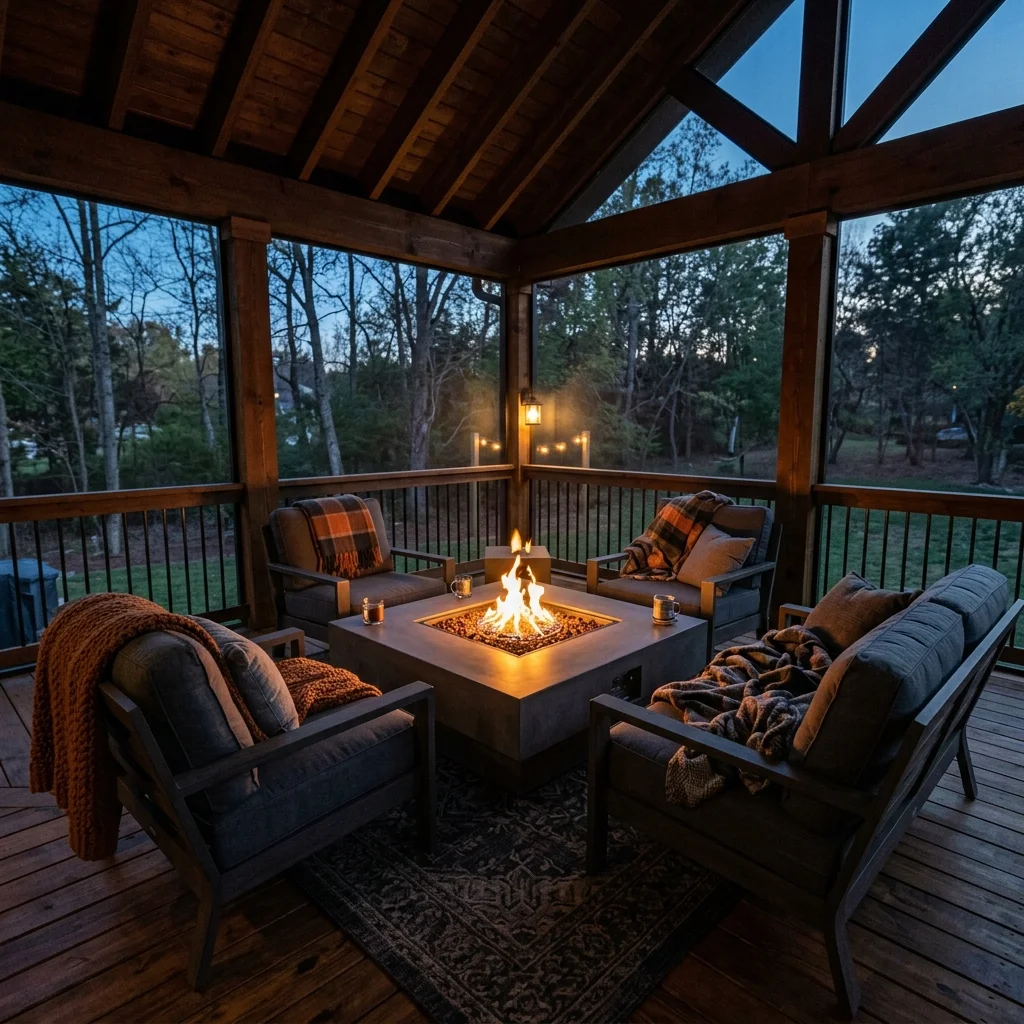 29 Covered Porch Ideas for a Warm, Welcoming Retreat 19 Fire Table Corner