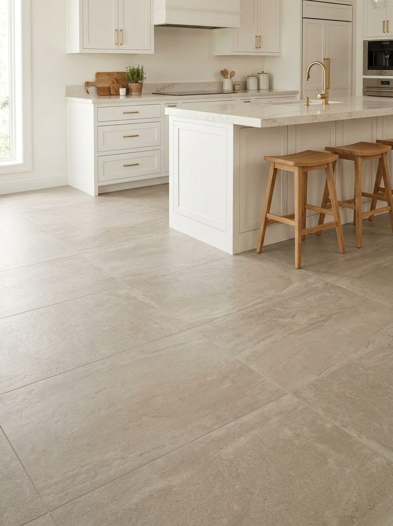 27 Flooring Ideas for White Kitchen Cabinets 8 Greige Porcelain Tile