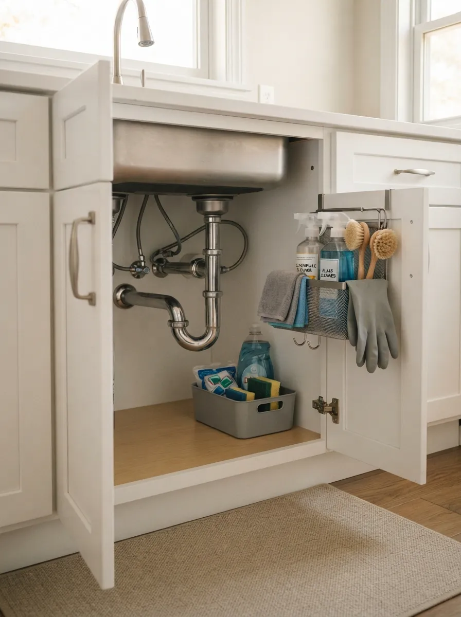 27 Under Kitchen Sink Organization Ideas to Save Space 8 Hanging Cleaning Caddy