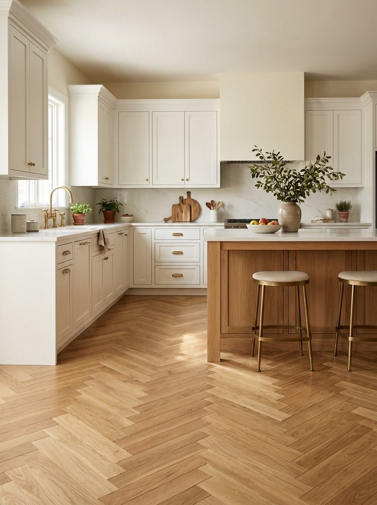 27 Flooring Ideas for White Kitchen Cabinets 11 Herringbone Wood