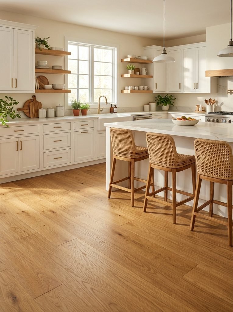 27 Flooring Ideas for White Kitchen Cabinets 22 Honey Oak Boards