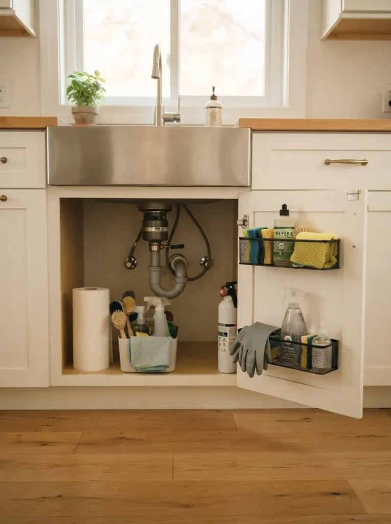 27 Under Kitchen Sink Organization Ideas to Save Space 5 Door-Mounted Baskets