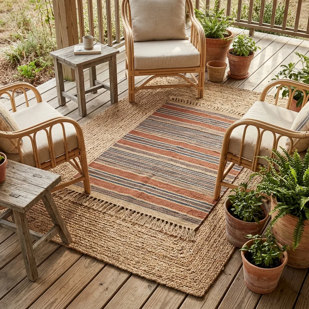 29 Covered Porch Ideas for a Warm, Welcoming Retreat 3 Layered Outdoor Rugs
