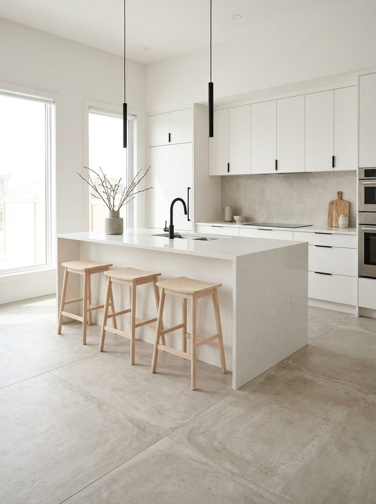 27 Flooring Ideas for White Kitchen Cabinets 21 Light Concrete Finish