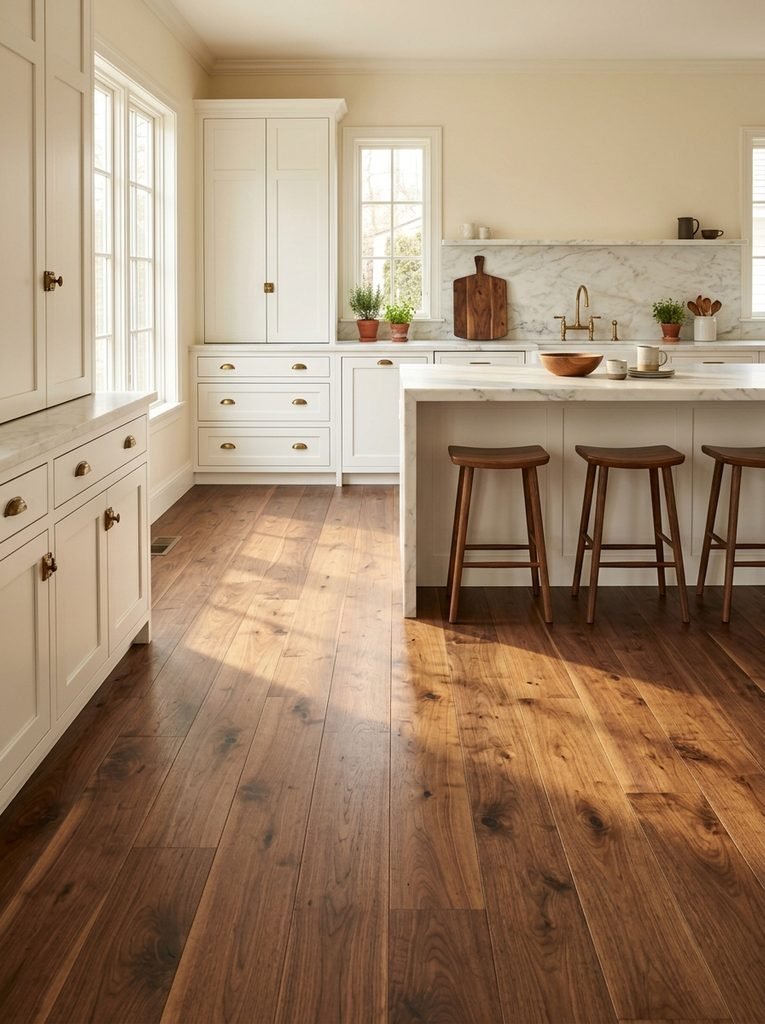 27 Flooring Ideas for White Kitchen Cabinets 15 Natural Walnut Planks