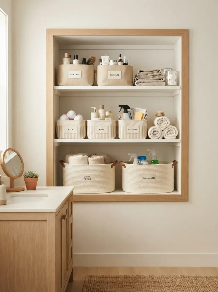26 Small Bathroom Organization Ideas That Save Space 16 Matching Storage Bins