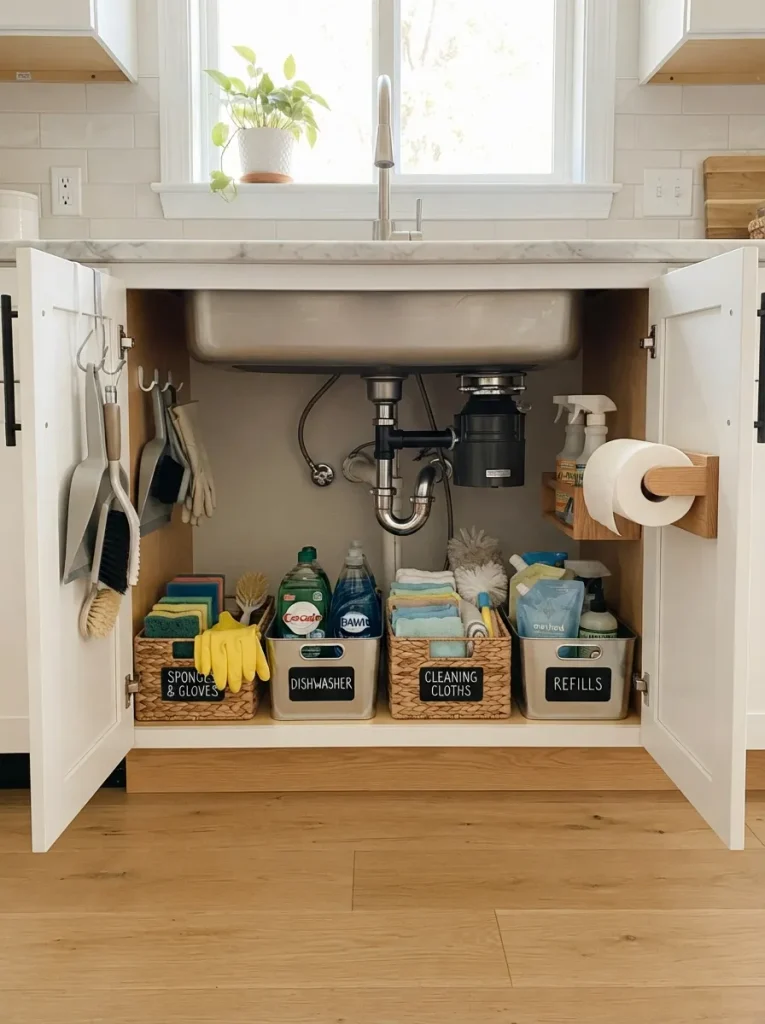 27 Under Kitchen Sink Organization Ideas to Save Space 12 Labelled Storage Bins