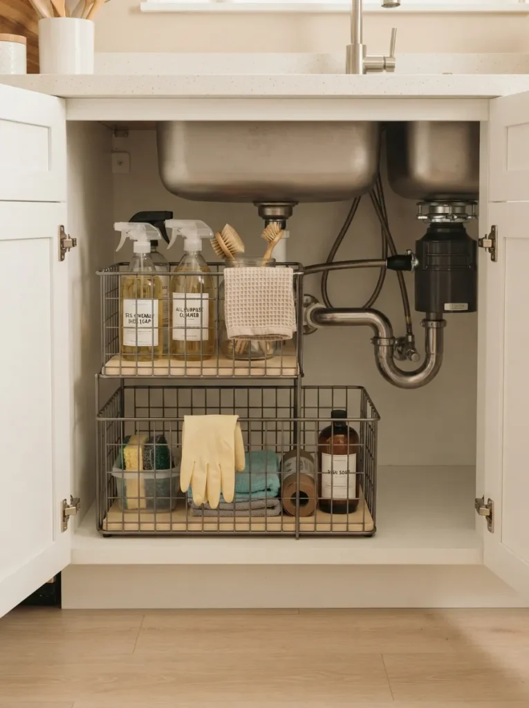 27 Under Kitchen Sink Organization Ideas to Save Space 15 Two-Level Basket System