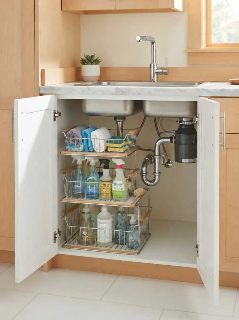 27 Under Kitchen Sink Organization Ideas to Save Space 24 Removable Wire Baskets