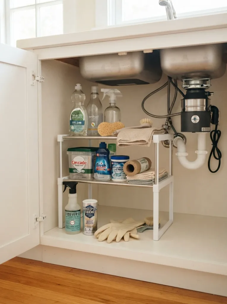 27 Under Kitchen Sink Organization Ideas to Save Space 6 Adjustable Shelf Riser