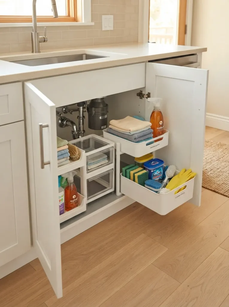 27 Under Kitchen Sink Organization Ideas to Save Space 23 Stacked Drawer Bins