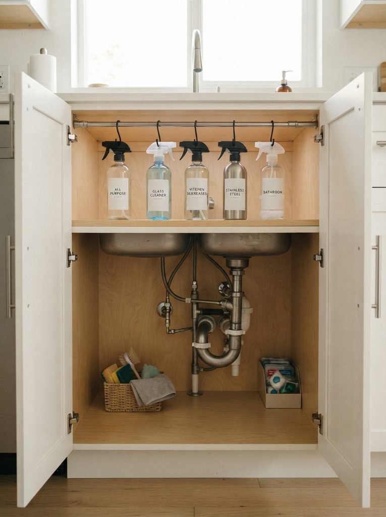 27 Under Kitchen Sink Organization Ideas to Save Space 3 Tension Rod Storage