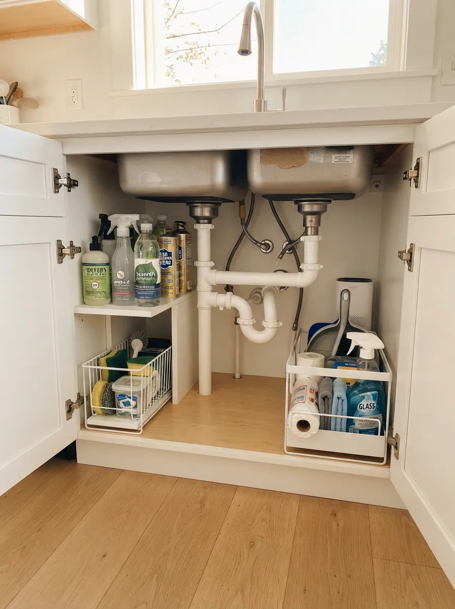 27 Under Kitchen Sink Organization Ideas to Save Space 18 Pipe-Around Storage