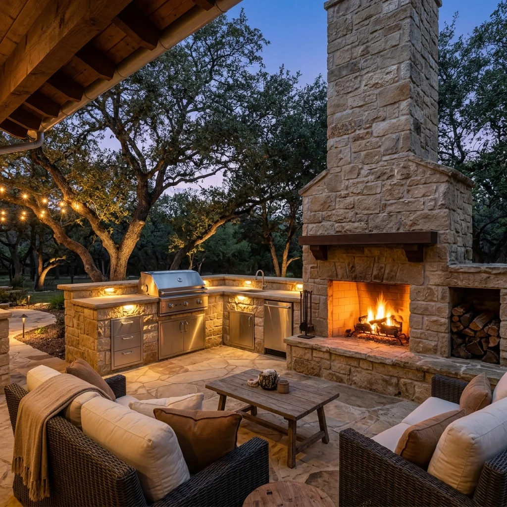Outdoor Kitchen With Fireplace