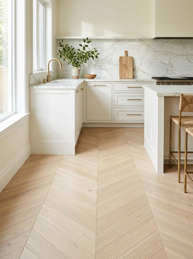 27 Flooring Ideas for White Kitchen Cabinets 18 Pale Oak Chevron