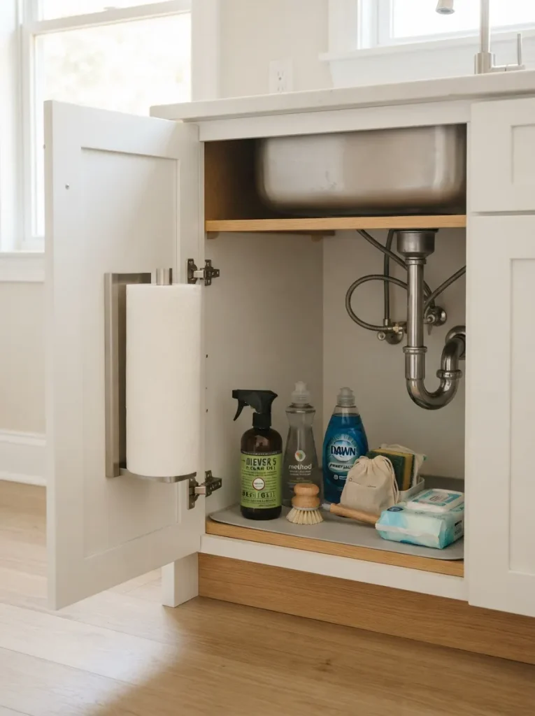 27 Under Kitchen Sink Organization Ideas to Save Space 16 Side-Mounted Paper Holder