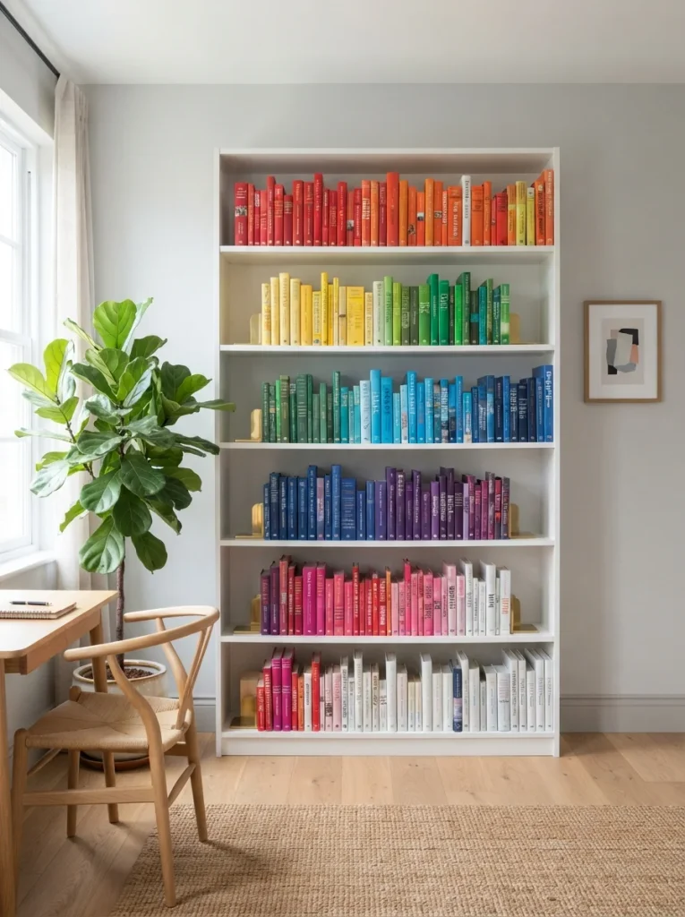 26 Bookshelf Ideas That Make Any Room Feel Polished 8 Color Coded Book Wall