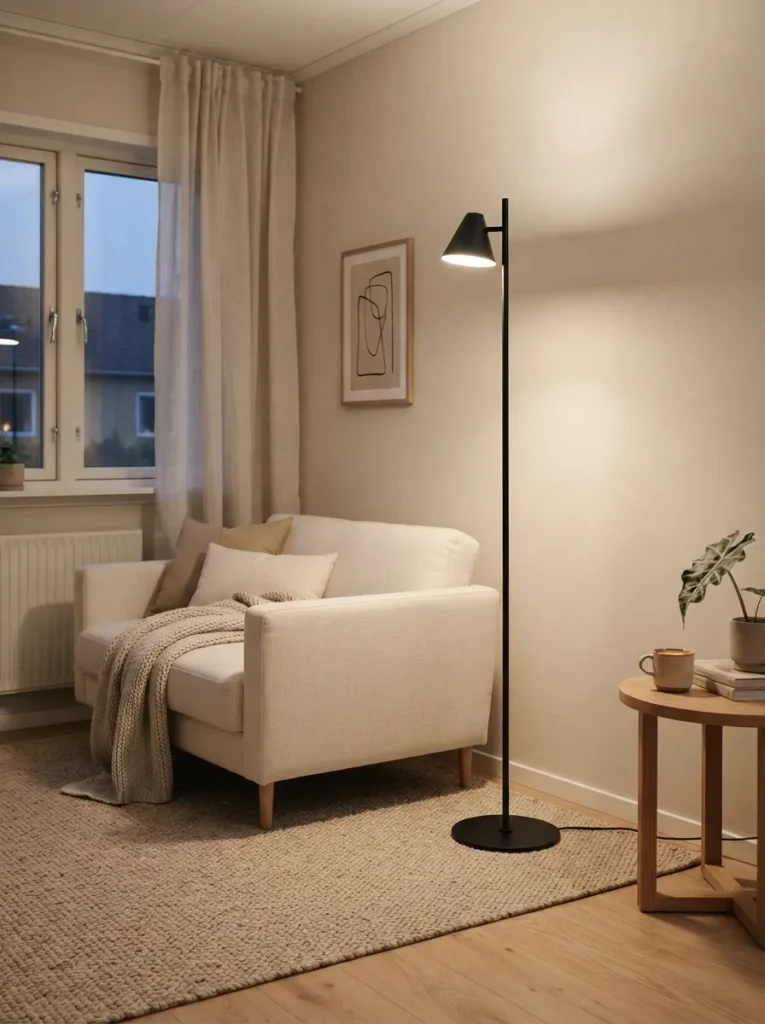 26 Very Small Living Room Ideas for a Spacious Feel 14 Slim Floor Lamp