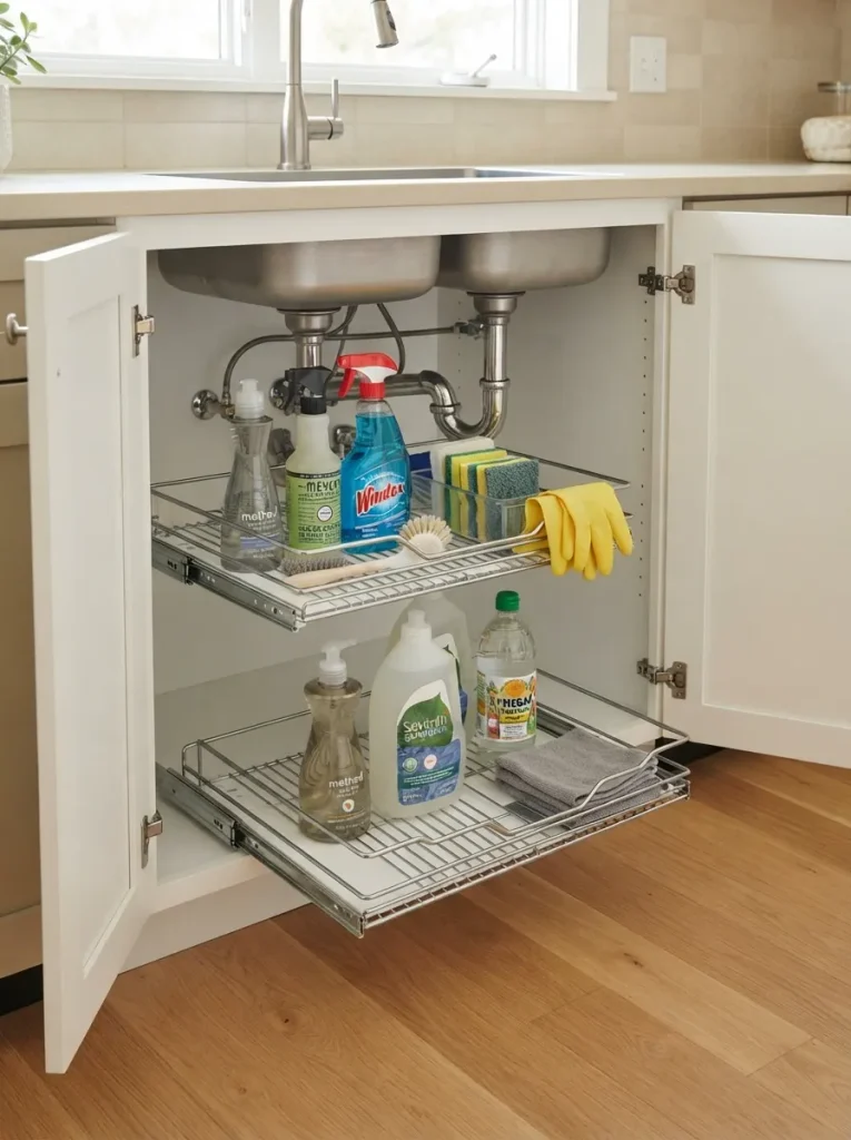 27 Under Kitchen Sink Organization Ideas to Save Space 20 Sliding Storage Trays