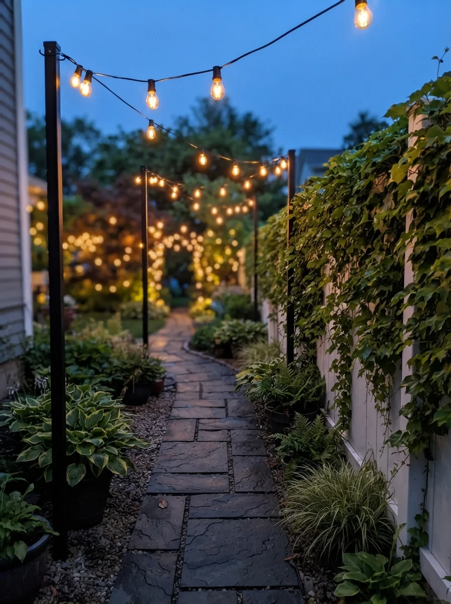 26 Side of House Landscaping Ideas You'll Truly Adore 9 Hanging String Lights