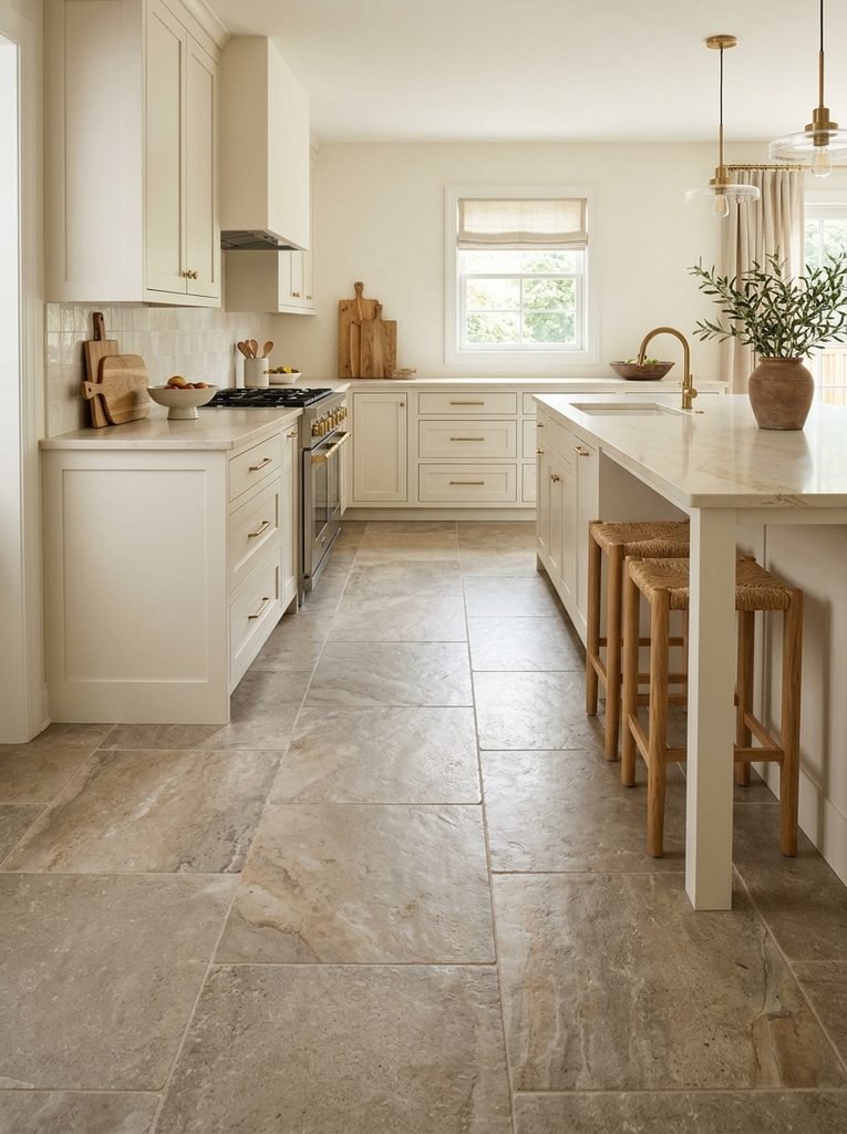 27 Flooring Ideas for White Kitchen Cabinets 25 Taupe Stone Tile