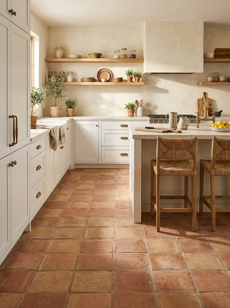 27 Flooring Ideas for White Kitchen Cabinets 16 Terracotta Tile
