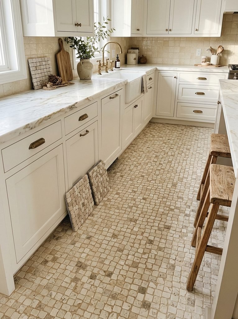 27 Flooring Ideas for White Kitchen Cabinets 27 Warm Stone Mosaic