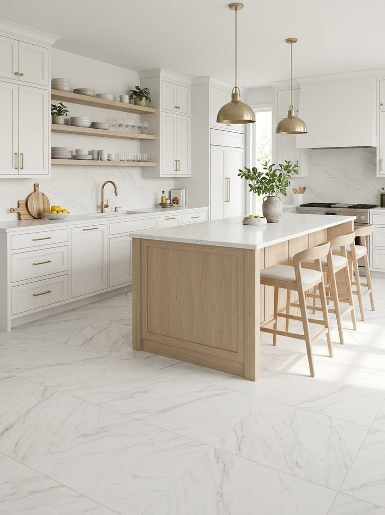 27 Flooring Ideas for White Kitchen Cabinets 14 Soft White Marble