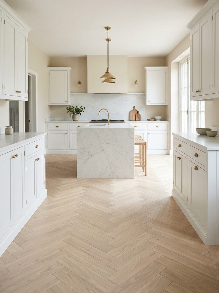 27 Flooring Ideas for White Kitchen Cabinets 24 White Oak Herringbone