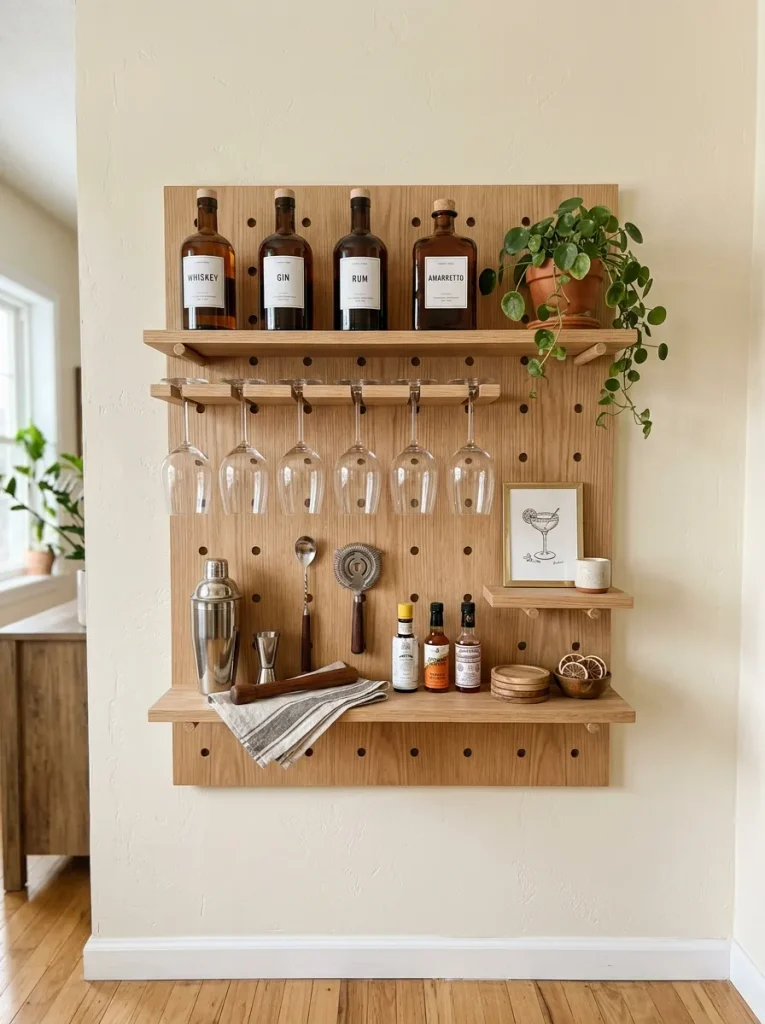 27 DIY Bar Shelf Ideas to Create Wow-Worthy Styles 8 Pegboard Bottle Display